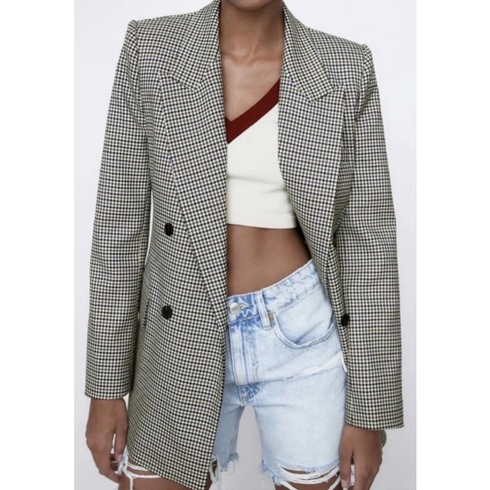 Women's ZARA Plaid Double-Breasted Blazer XS Brown White